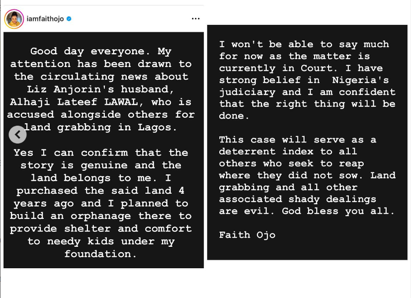Actress Faith Ojo calls out her colleague, Lizzy Anjorin?s husband Lateef for alleged land grabbing