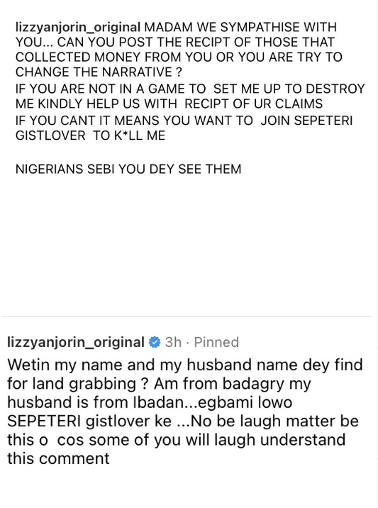 If you?re not in the game to destroy me, share receipts to back up your claim - Lizzy Anjorin replies Faith Ojo over land grabbing allegation against her husband, Lateef Lawal